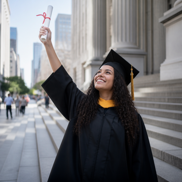 Graduation Photography session featuring a graduate in cap and gown in New York City by Miguel Peguero Event Photography
