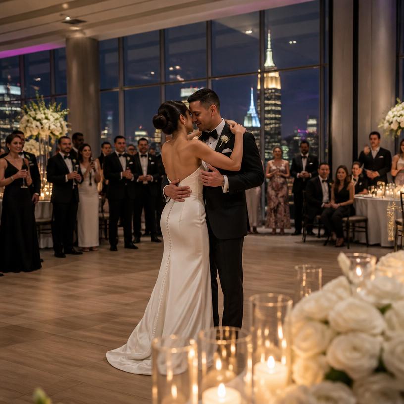Newlywed couple sharing a joyful moment at their New York City wedding celebration